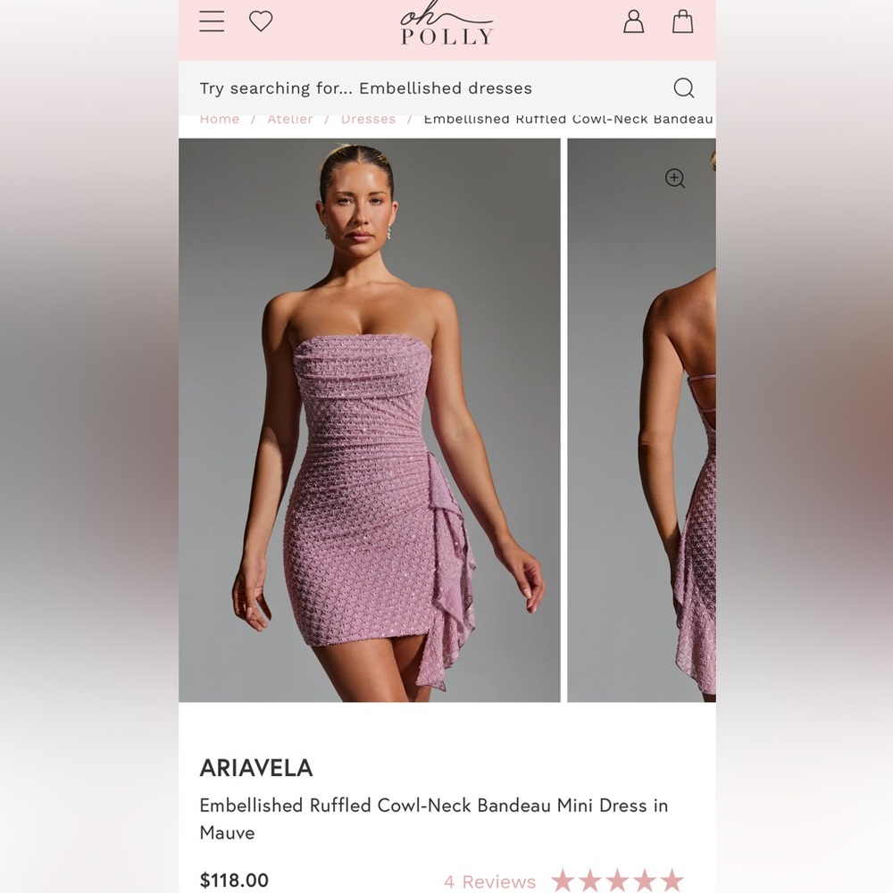Oh Polly Ariavela Embellished Ruffled Cowl-Neck Bandeau Mini Dress in Mauve